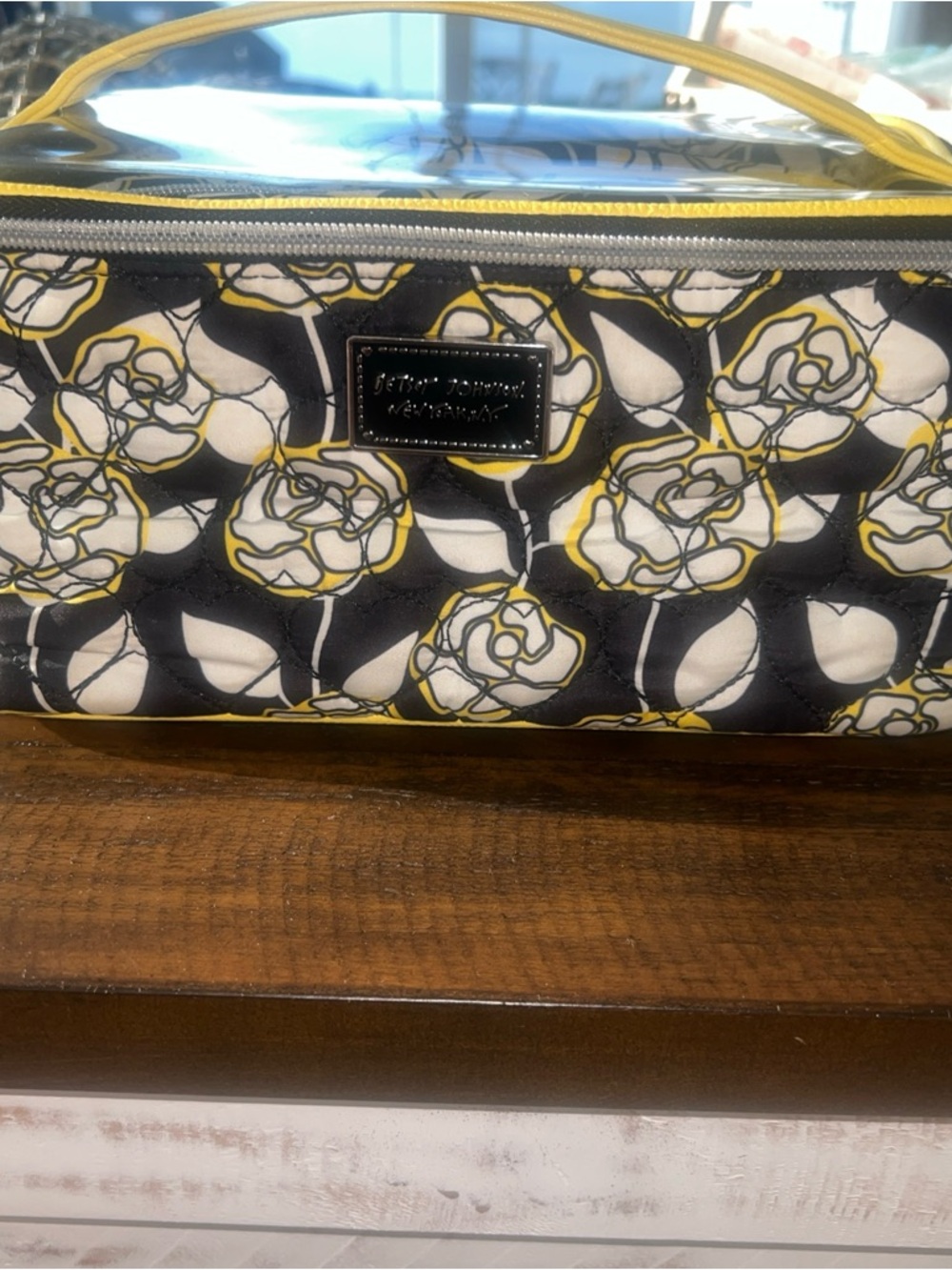 Betsey Johnson Black, White & Yellow Quilted Floral Cosmetic Case